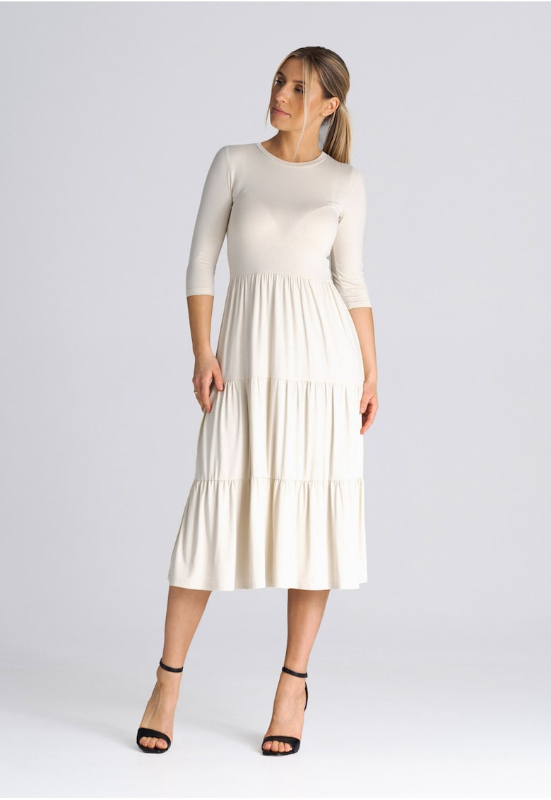 Rochie mulata  cu volane - bej - 3/4 - viscoza