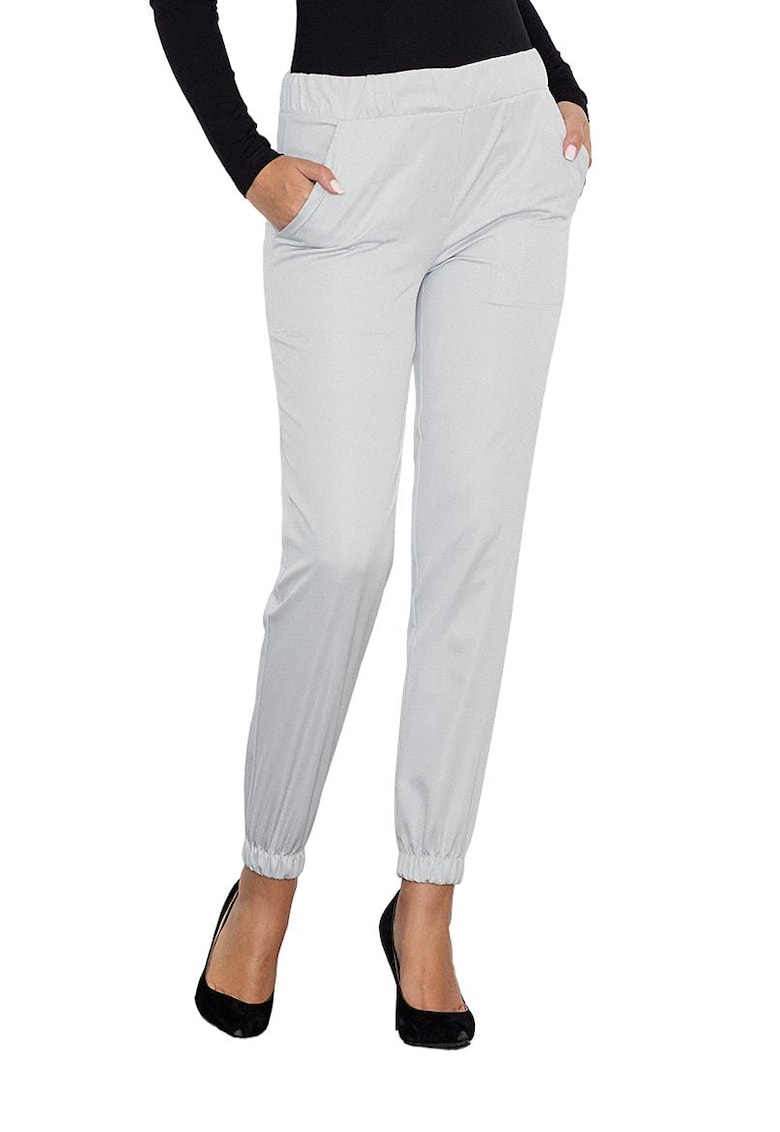 Pantaloni dama  gri - cu talie elastica - buzunare - poliester/elastan -