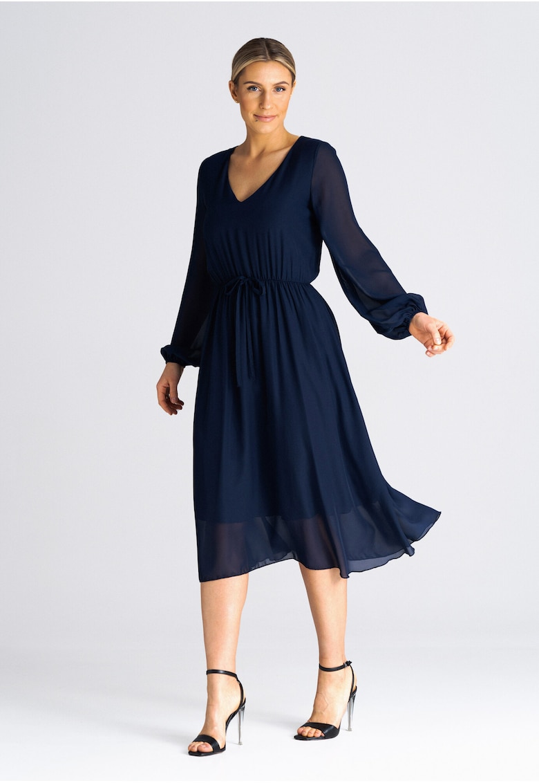 Oferte la Rochie midi evazata -  bleumarin - cu maneci bufante - poliester