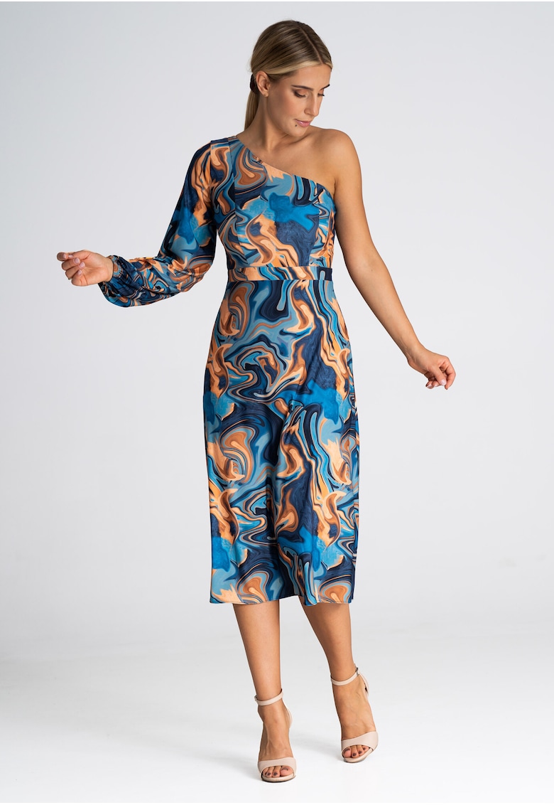 Oferte la Rochie  model abstract - cu un singur umar - cu maneci lungi - multicolor - poliester