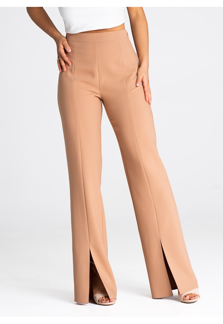Pantaloni dama  M955 - eleganti - cu talie inalta - plisati - maro - poliester - viscoza - elastan