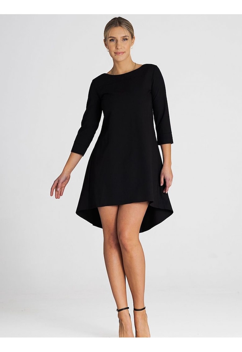 Rochie  asimetrica - plisata - maneci 3/4 - spate prelungit - poliester-viscoza negru