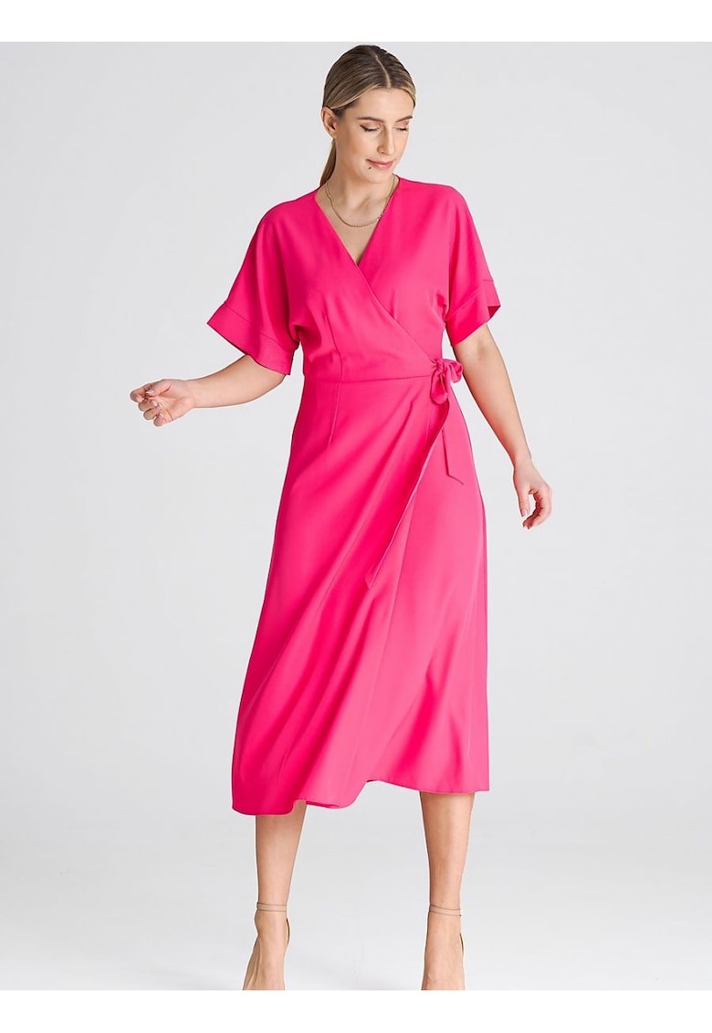 Rochie  maneci kimono - cravata in talie - poliester - roz - poliester