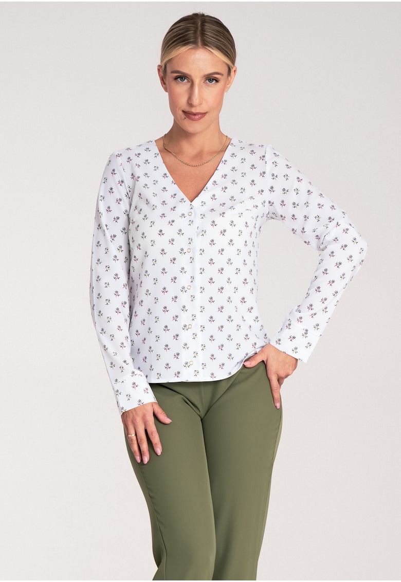 Bluza dama -  Maneca lunga - Cu flori - Poliester/Elastan - Alb