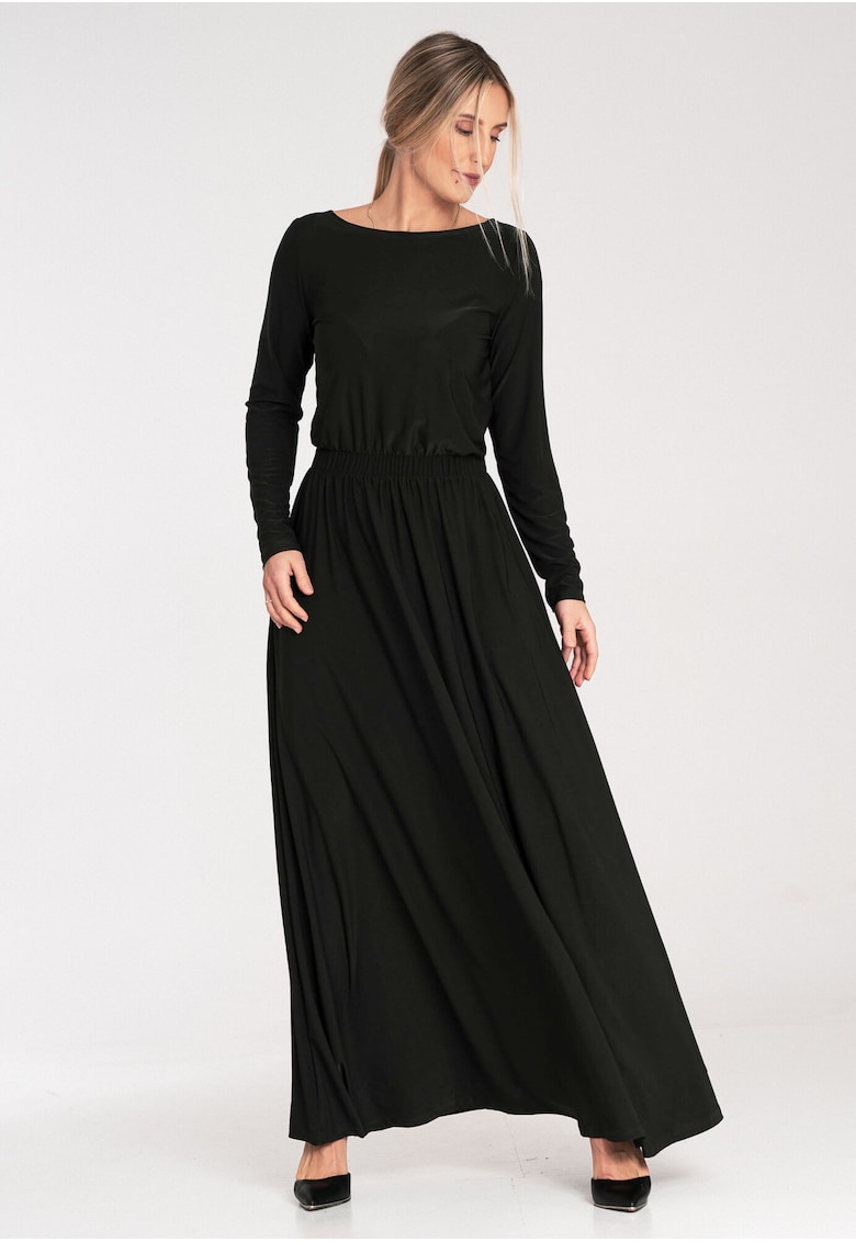 Rochie lunga -  model M1052 - maneci lungi - neagra - poliester-elastan