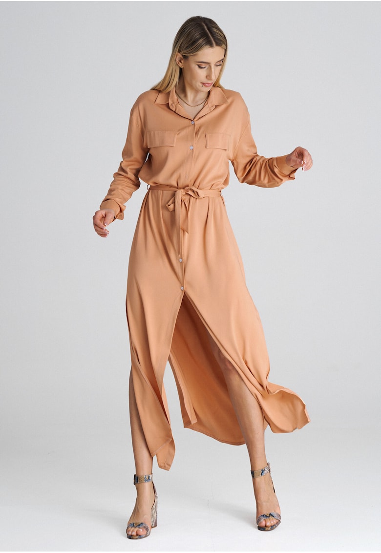 Rochie camasa maxi  portocalie - croiala lejera - poliester