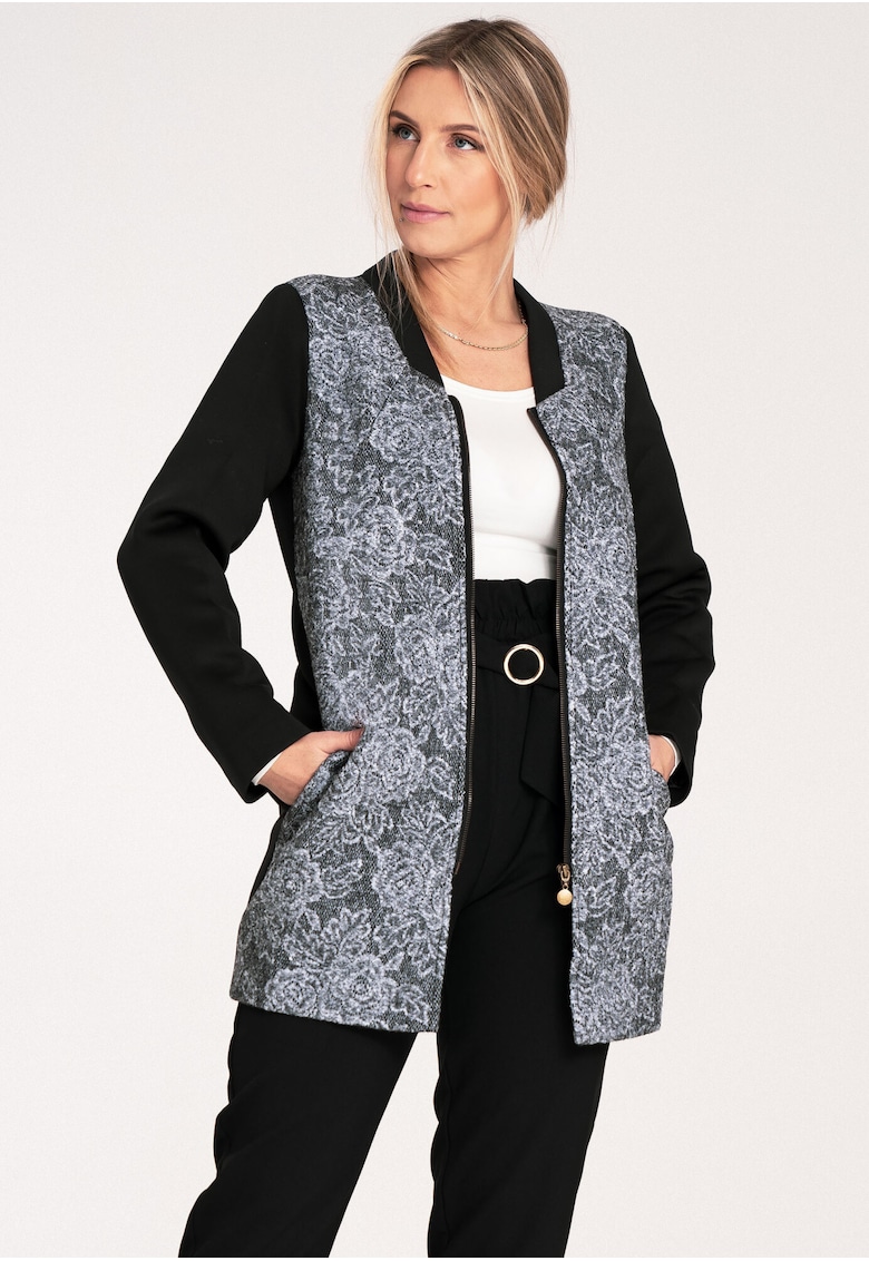 Palton dama  M1062 - negru - design modern - guler ridicat - material textil cu motiv floral