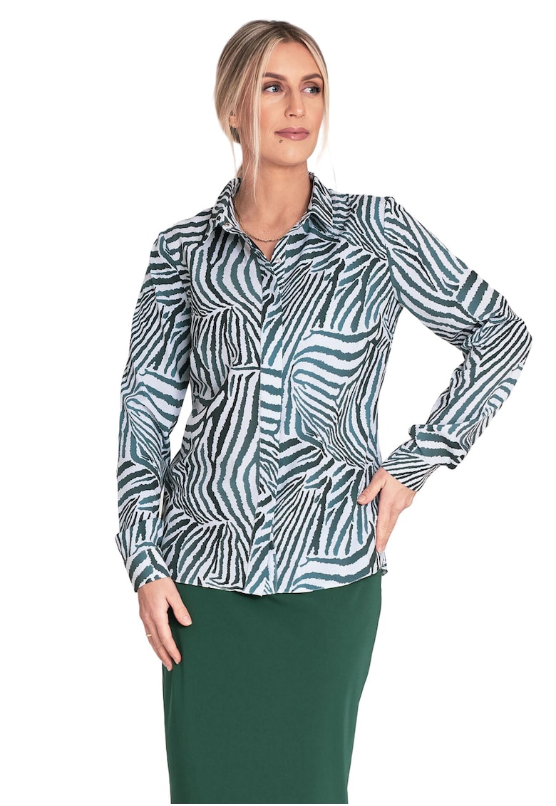 Camasa eleganta  model zebra - verde/alb - material poliester/elastan - cu guler - maneci lungi