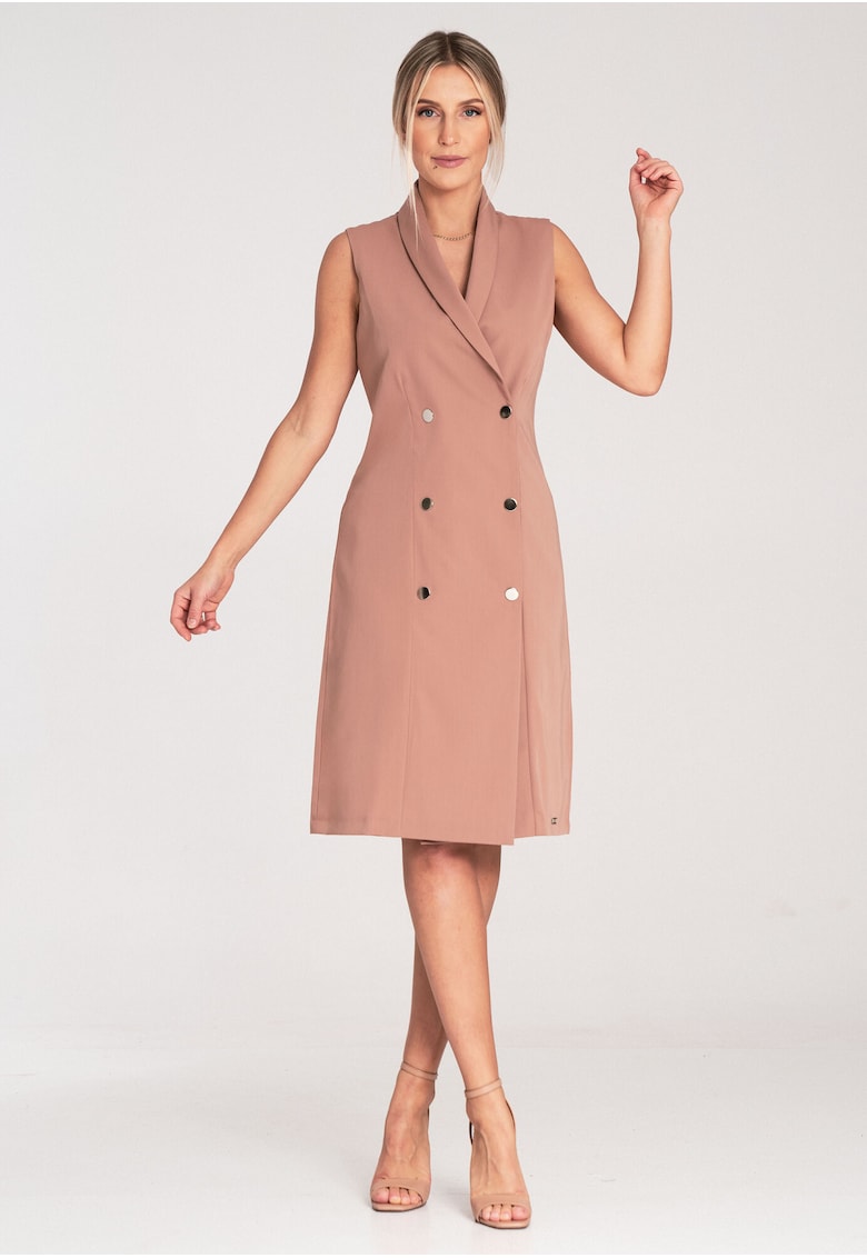 Rochie blazer midi  bej - poliester-viscoza - croiala ajustata - fara maneci - cu nasturi
