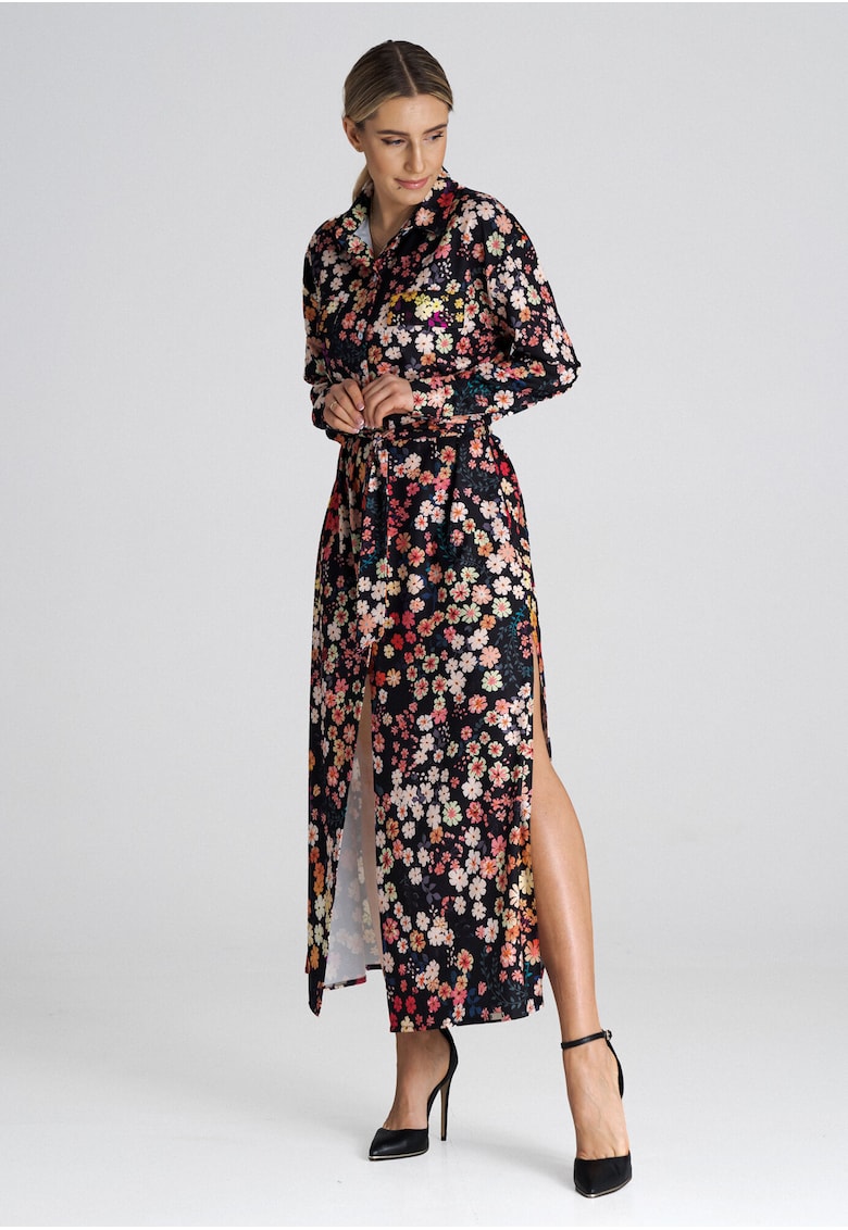 Rochie camasa maxi  guler floral - multicolor - poliester