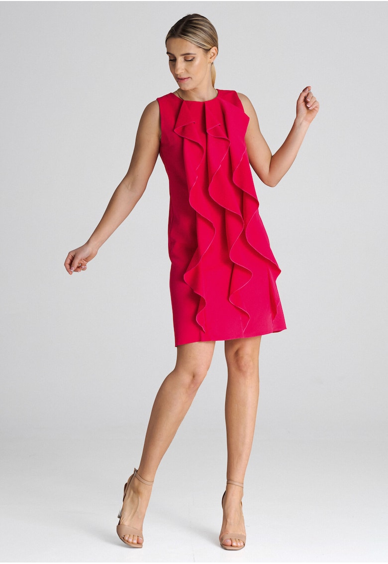 Rochie trapez  M1002 - rosu - cu volane - 65% poliester - 35% viscoza