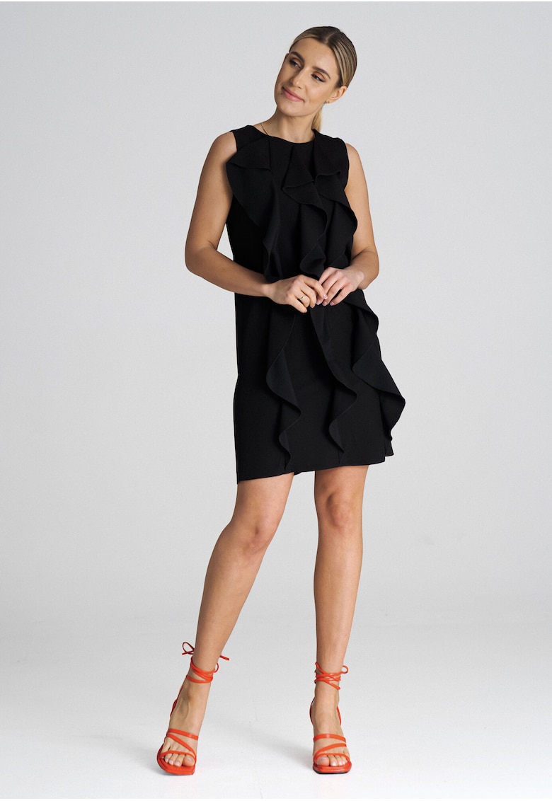 Rochie trapez  M1002 - cu volane delicate - poliester/viscoza - negru