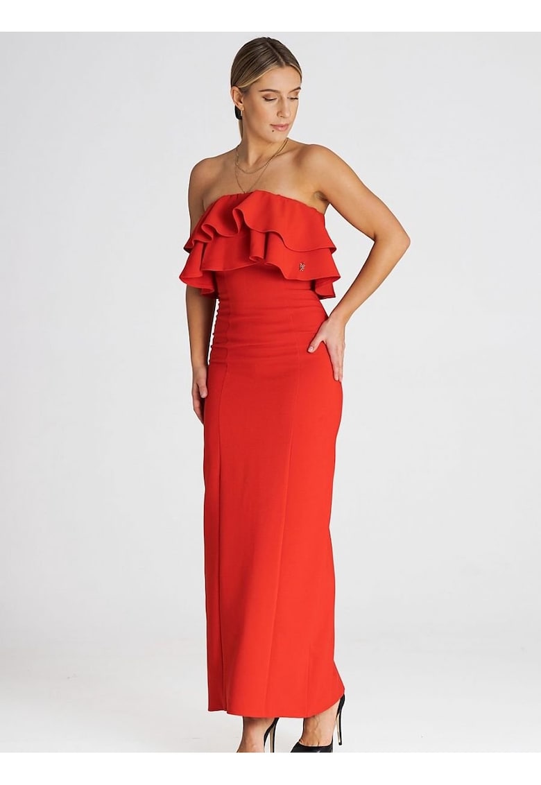 Rochie maxi  eleganta - volane duble - rosu - elastan - poliester - viscoza