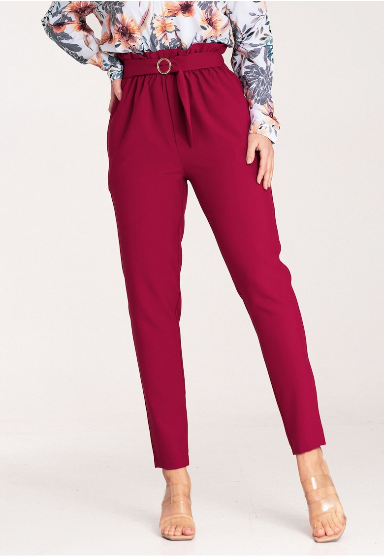 Pantaloni dama  eleganti - talie inalta - rosu - poliester -
