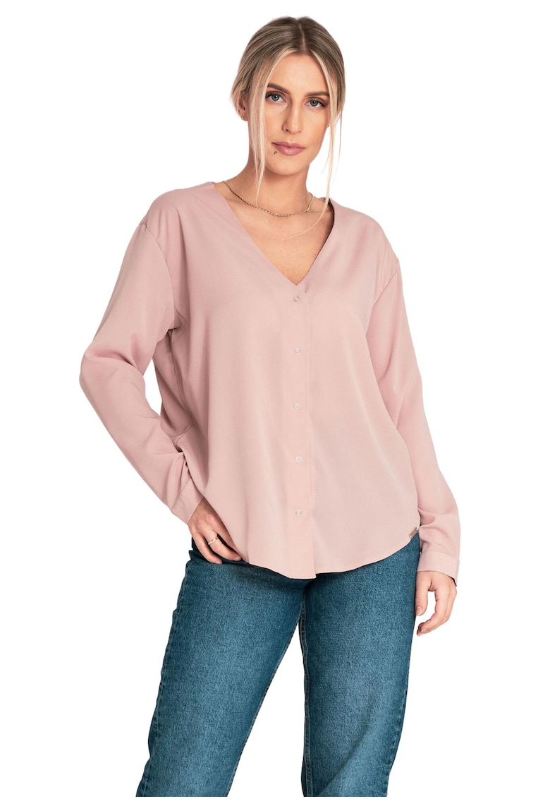 Bluza eleganta  de vara - cu decolteu in V - roz - poliester si elastan