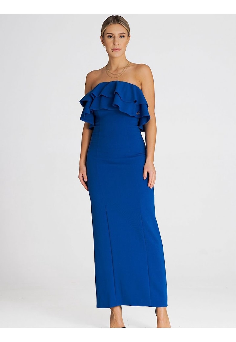 Rochie maxi  eleganta - volane duble - albastru - elastan - poliester - viscoza