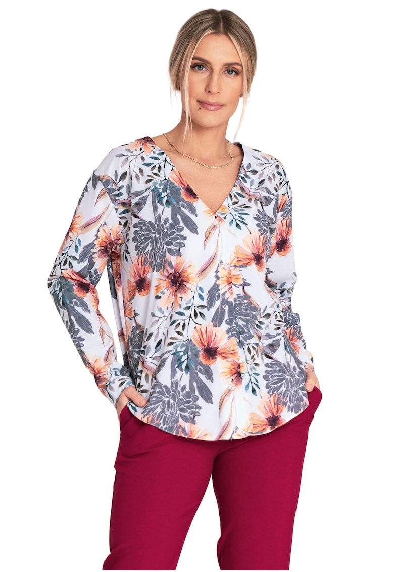 Bluza eleganta  model cu decolteu in V - maneci lungi - multicolor - poliester-elastan