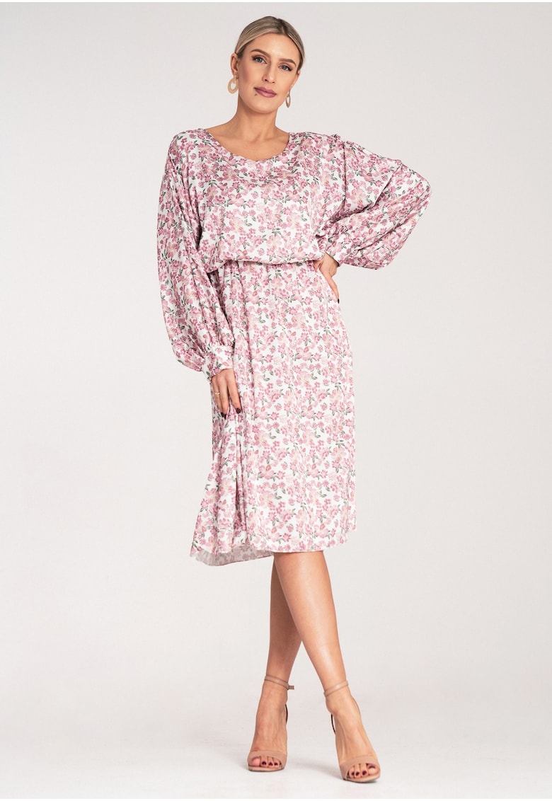 Rochie bufanta  maneci voluminoase - imprimeu floral - roz - poliester-elastan -
