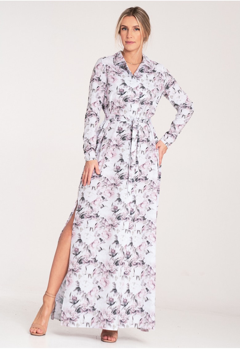 Rochie maxi  cu nasturi - florala - alb-roz - poliester-elastan