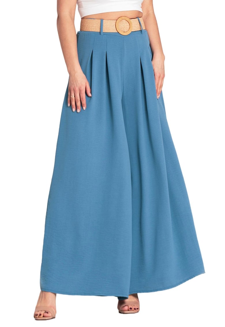 Pantaloni dama -  cu curea - eleganti - albastri - poliester -