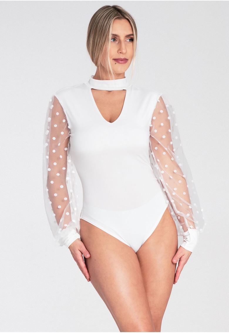 Bluza dama  body alb cu maneca lunga - guler inalt - maneci transparente - poliester -