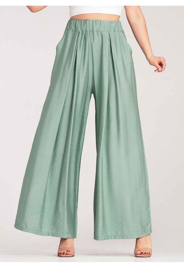 Pantaloni dama -  largi - talie inalta - verde - viscoza-elastan -