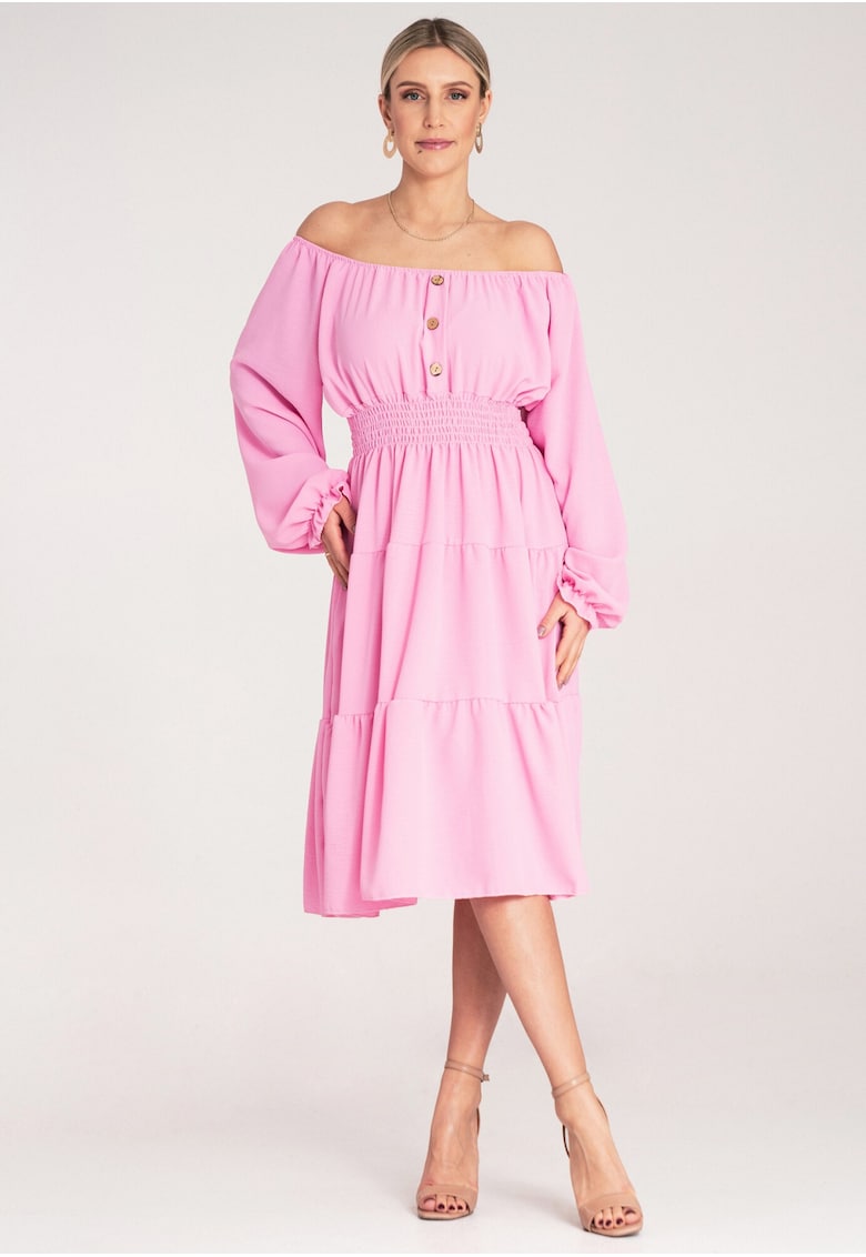 Rochie evazata -  cu volane - roz - poliester -