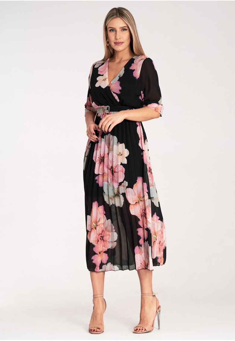 Rochie lunga -  florala - neagra - plisata - poliester -