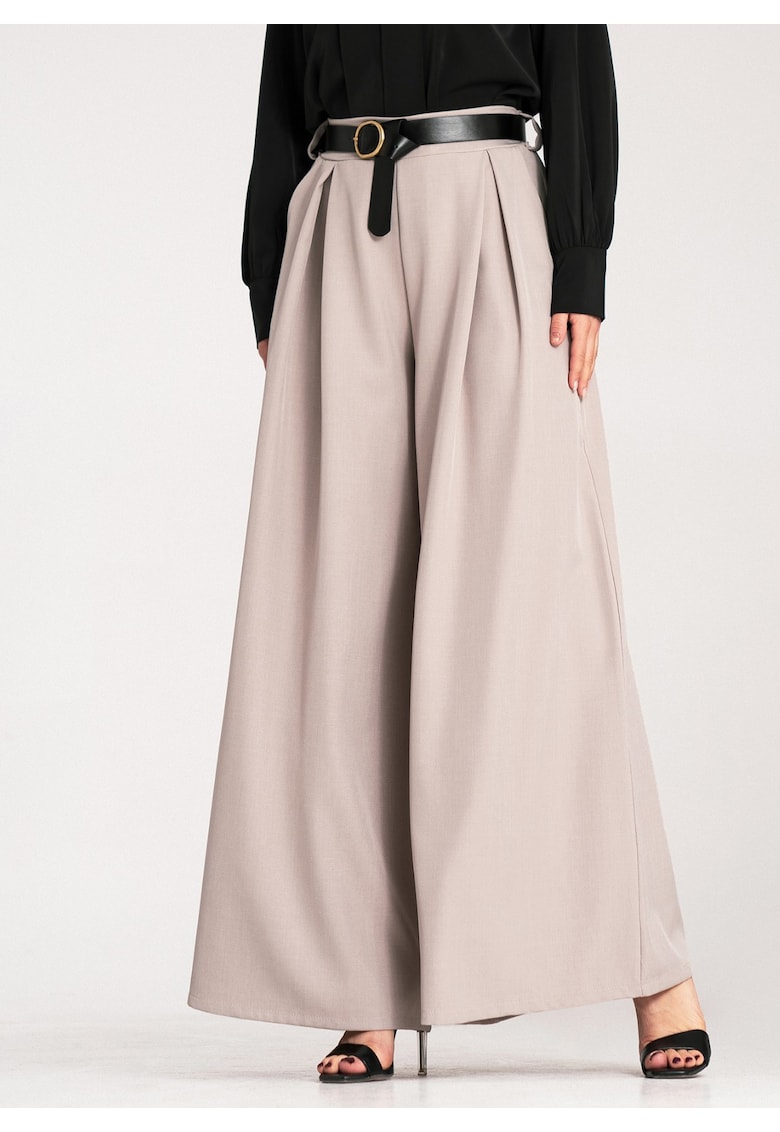 Pantaloni dama  eleganti - talie inalta - bej - poliester/elastan -