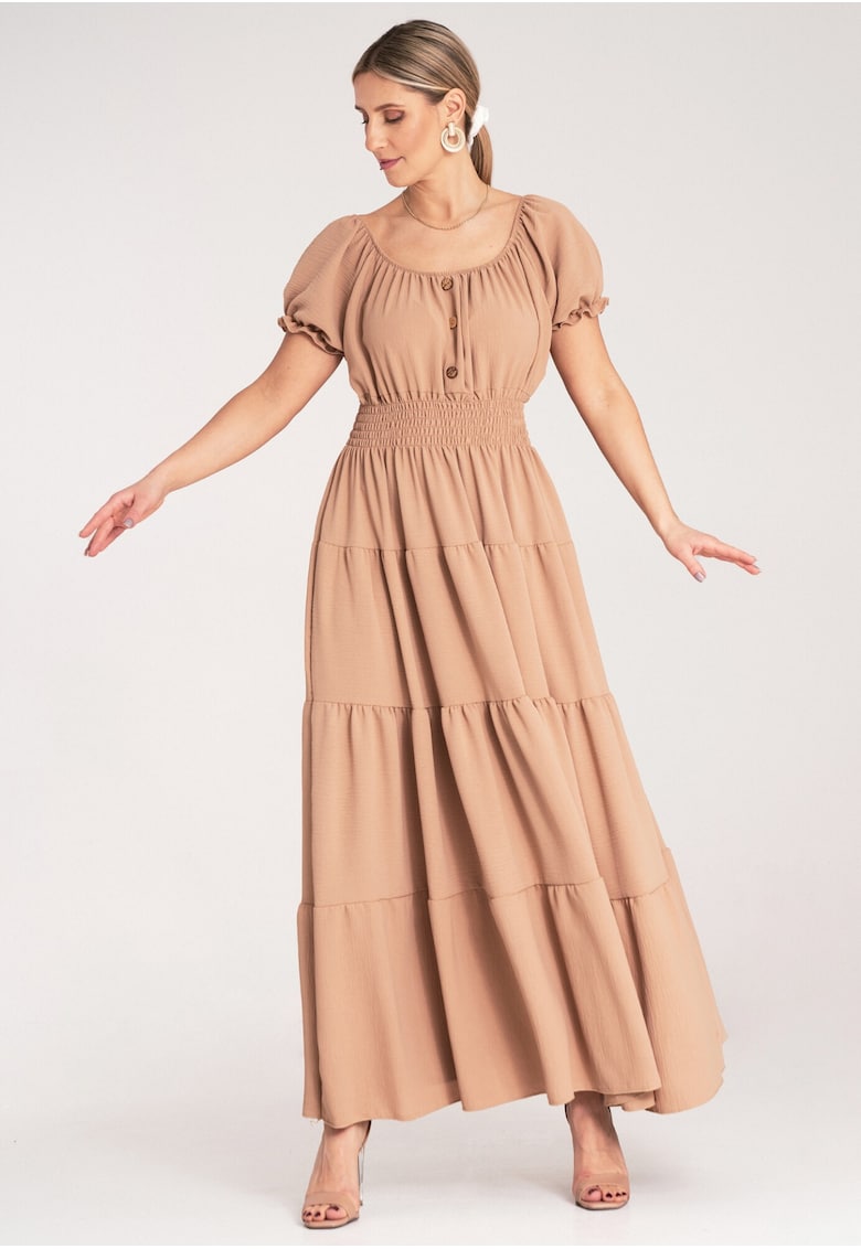 Rochie maxi  bej - cu volane - poliester - pentru vara -