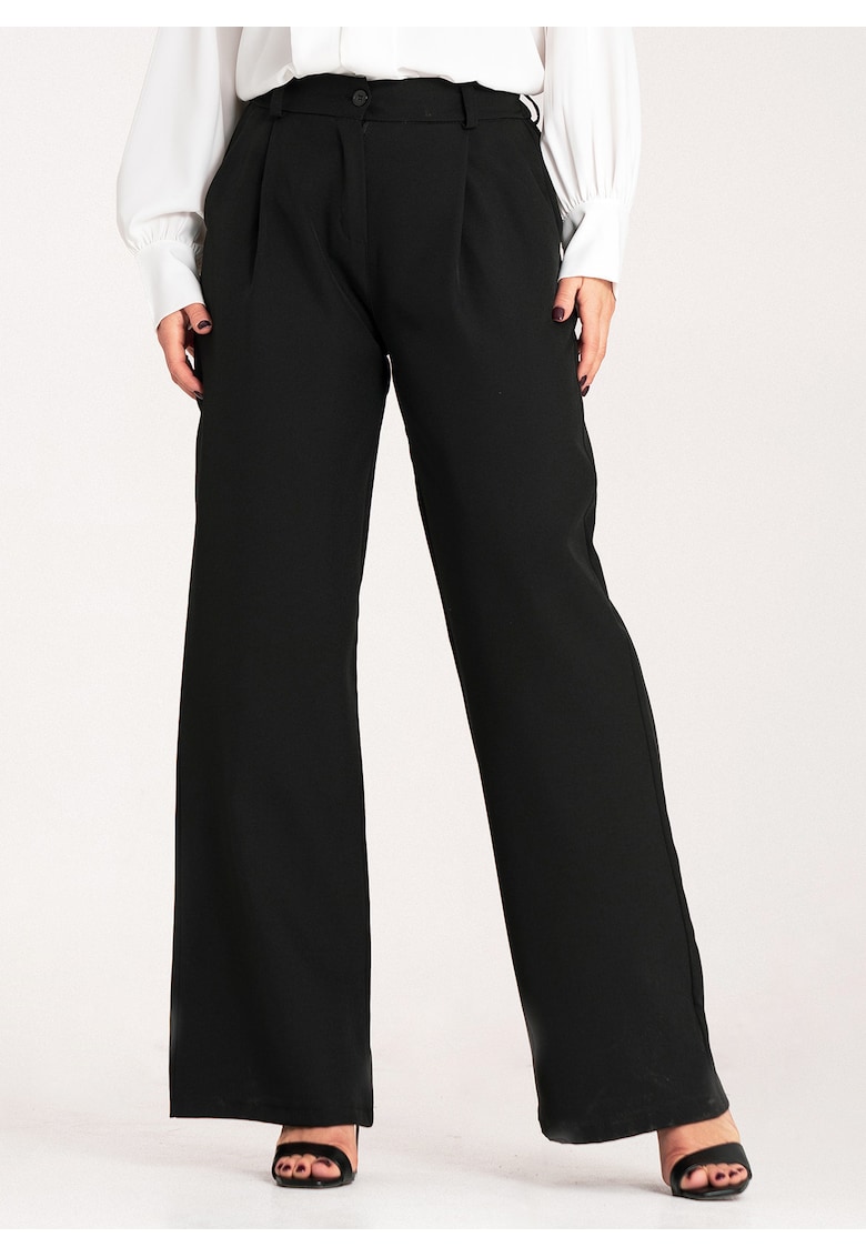 Pantaloni dama -  negri - talie inalta - croiala larga - material poliester/elastan -