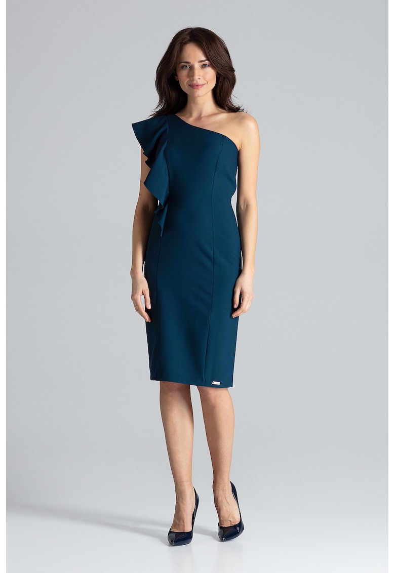 Rochie asimetrica  K488 - cu volane - albastru - poliester 100% -
