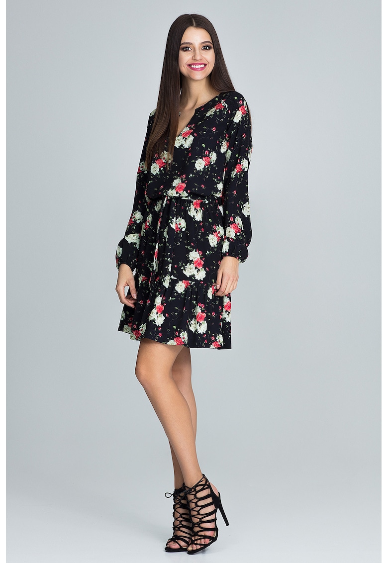 Rochie scurta  boho - florala - cu maneci bufante - multicolor - poliester -