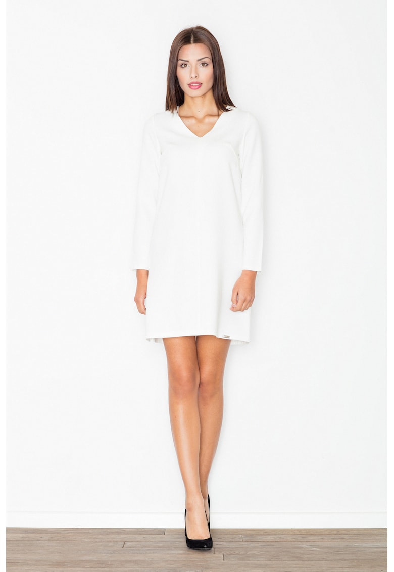 Rochie mini  alba - maneci lungi - decolteu in V - poliester -
