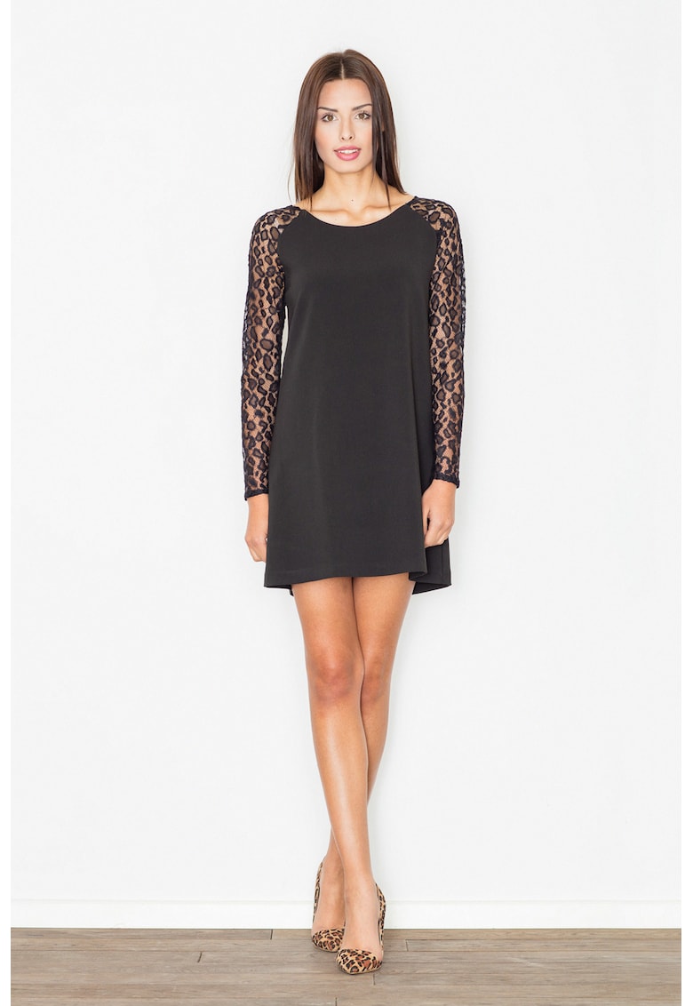 Rochie mini -  neagra - cu maneci din dantela - eleganta - poliester -