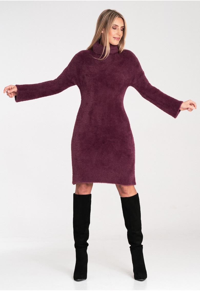 Rochie tricotata  guler inalt - maneci lungi - rosu - 100% nailon -