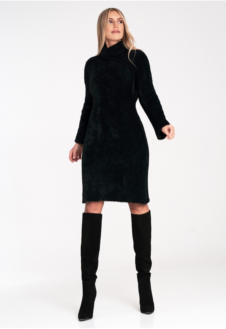 Rochie tricotata  guler inalt - neagra - 100% nailon -