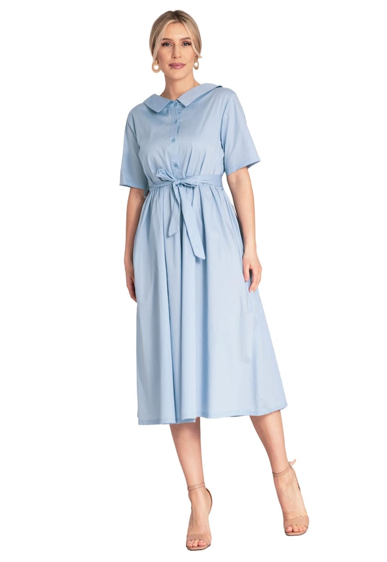 Rochie midi -  albastra - bumbac - croiala simpla - inchidere cu nasturi -