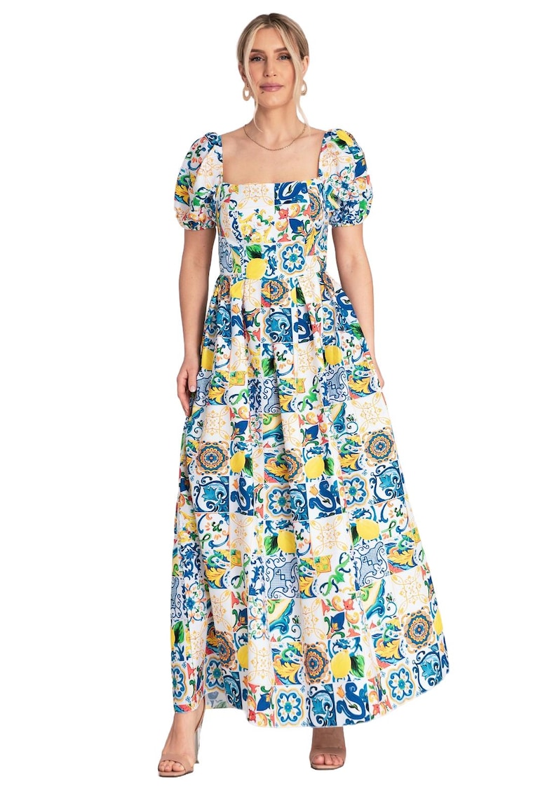 Rochie  decolteu patrat - maneci bufante - albastra - bumbac/elastan -