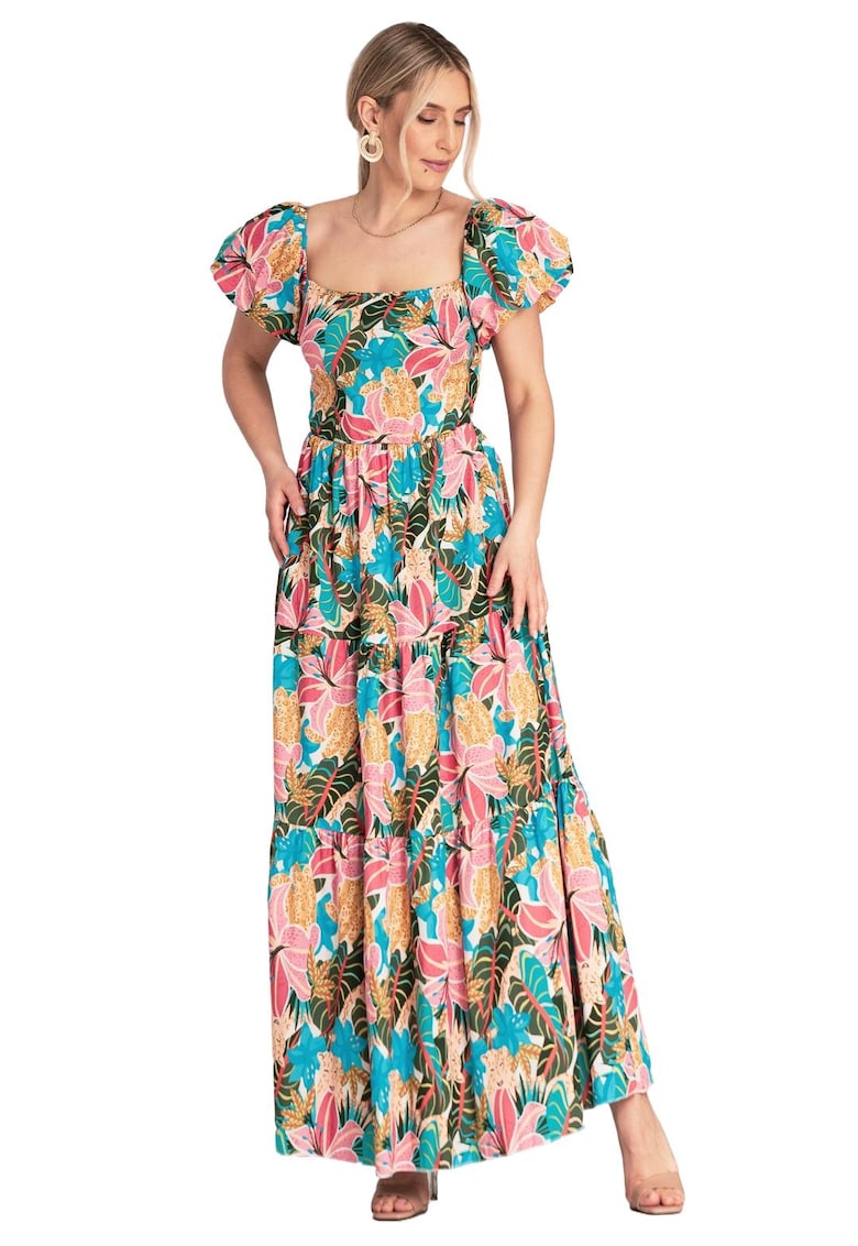 Rochie  M1188 - roz - decolteu patrat - talie elastica - bumbac/elastan - S/M -