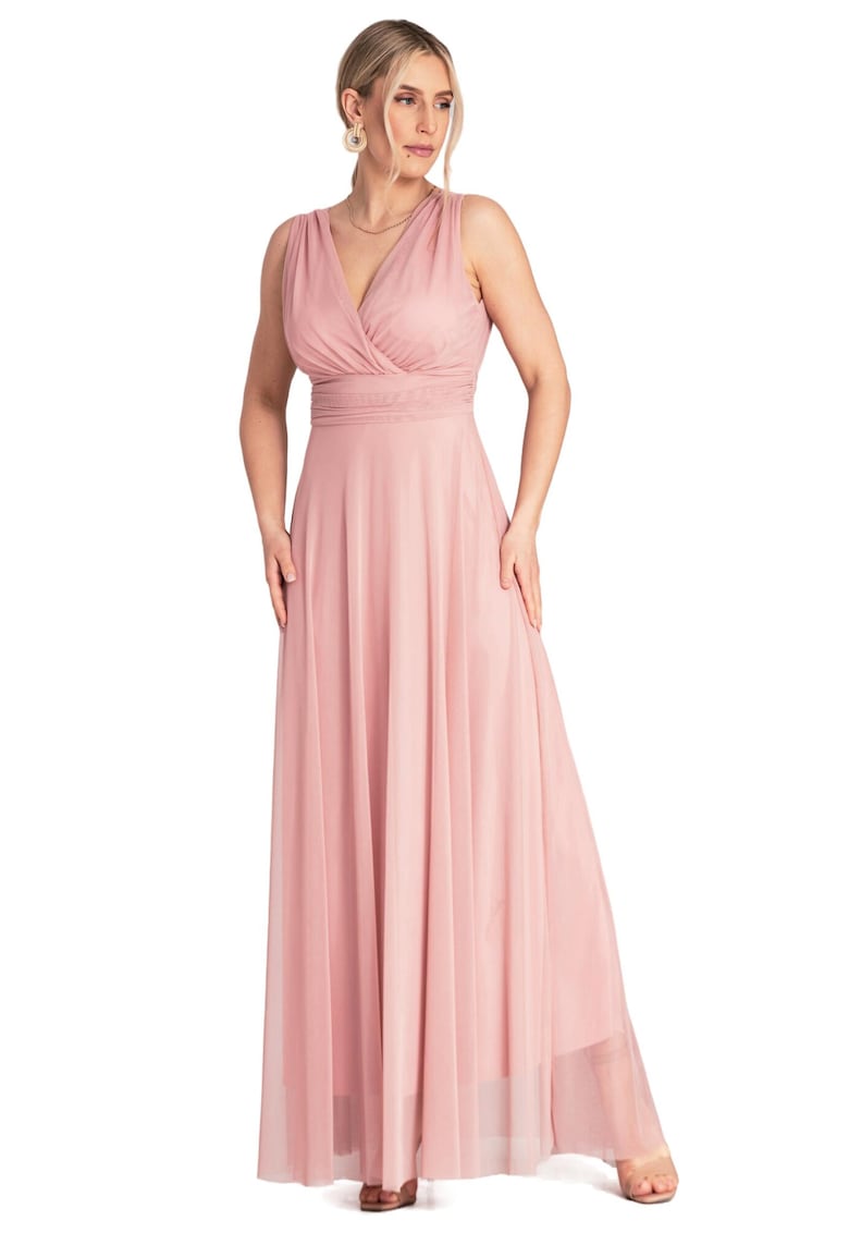 Rochie maxi de seara -  volane - roz - poliester/elastan -
