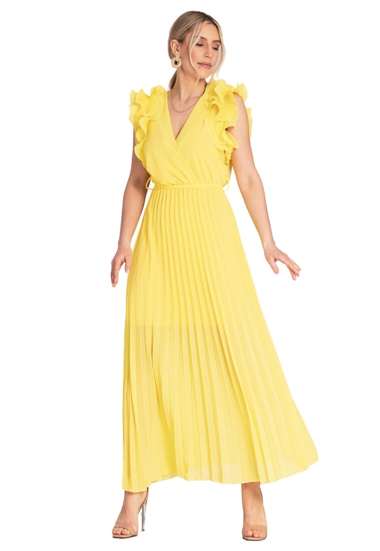 Rochie maxi plisata -  galben - maneci cu volane - viscoza/elastan/poliester -