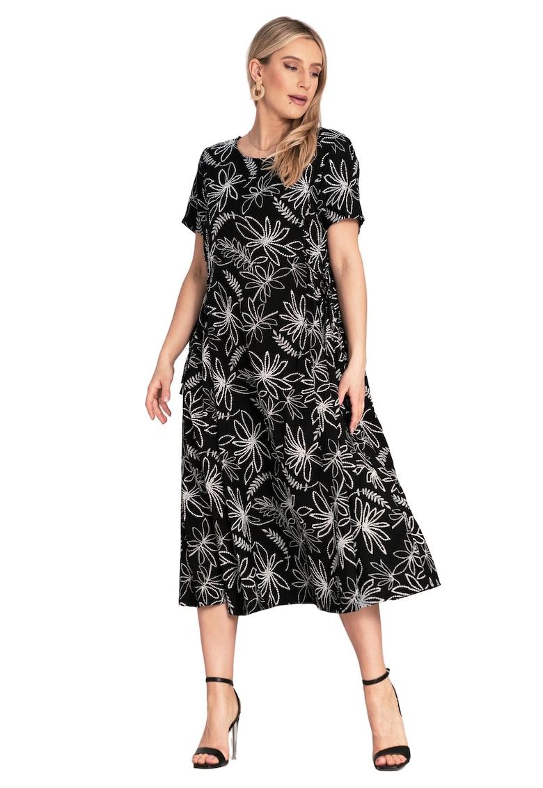 Rochie  simpla - cu imprimeu floral - legaturi laterale - neagra - viscoza/nylon -