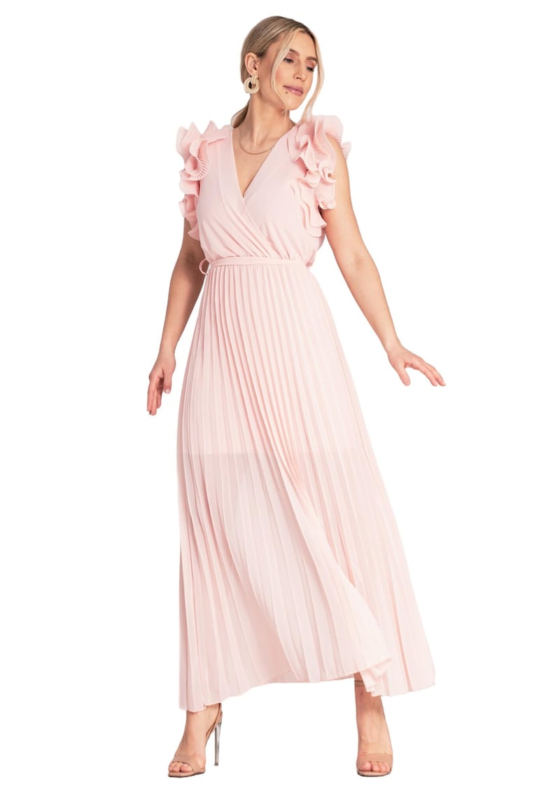 Rochie maxi -  plisata - volane pe maneci - roz - viscoza - elastan - poliester -