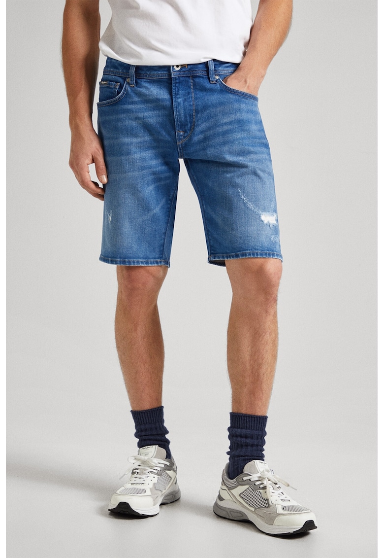 Pantaloni scurti de denim cu detalii cu aspect deteriorat - Albastru
