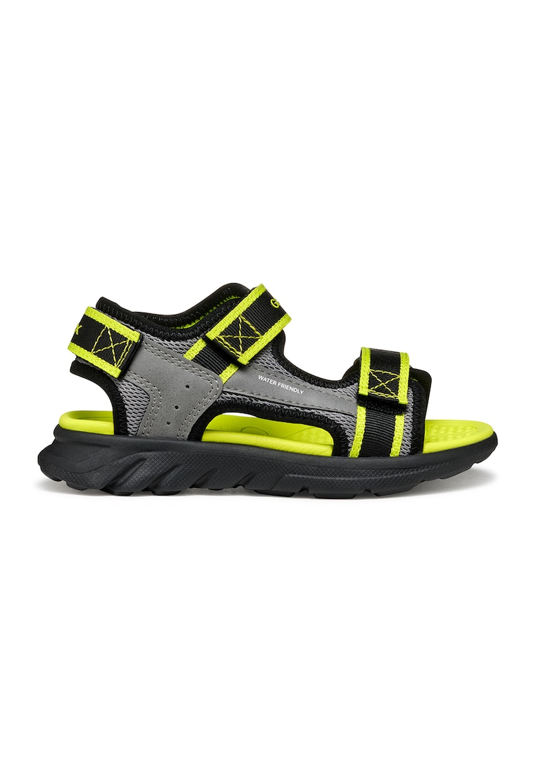 Sandale de piele ecologica si material textil cu velcro Airadyum - Gri/Verde lime