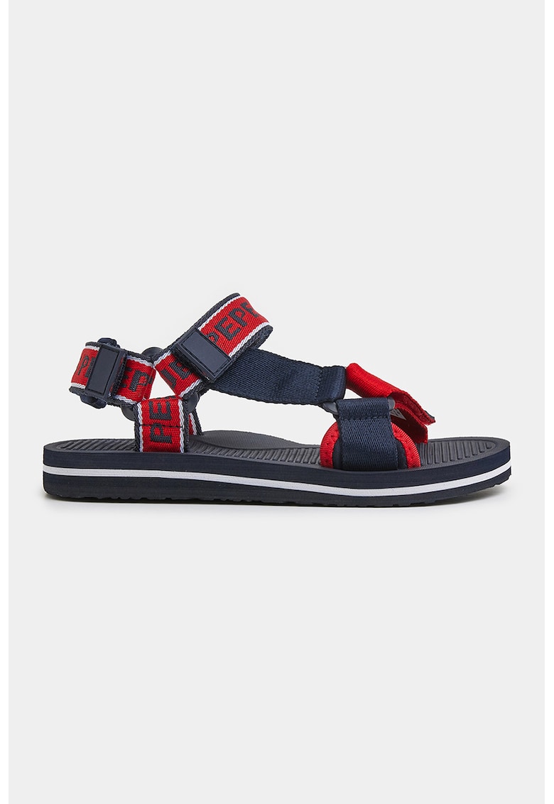 Sandale cu velcro si imprimeu logo - Rosu/Bleumarin