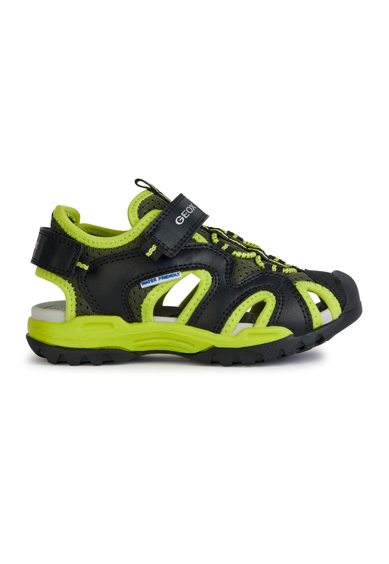 Sandale de piele ecologica si material textil cu banda velcro Borealis - Negru/Verde lime
