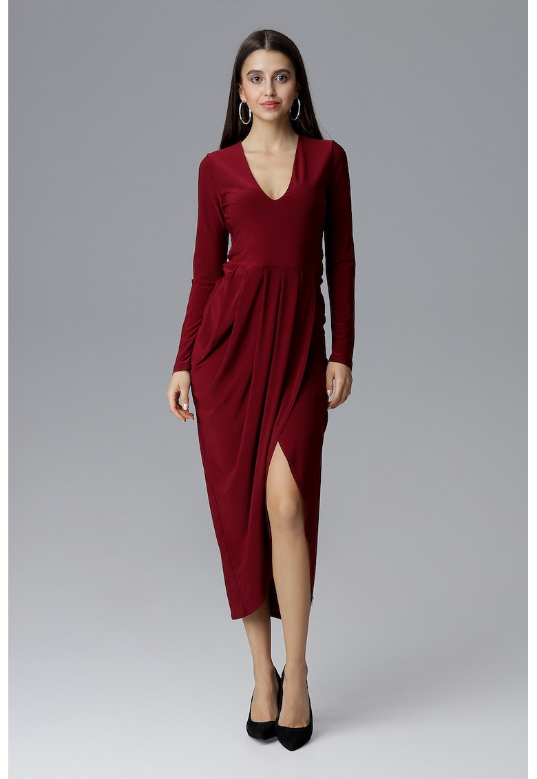 Rochie maxi  M636 - decolteu in V - rosu - poliester -