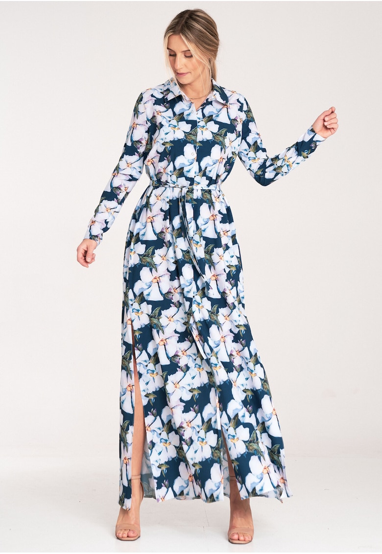 Rochie maxi -  cu nasturi - albastru floral - poliester -